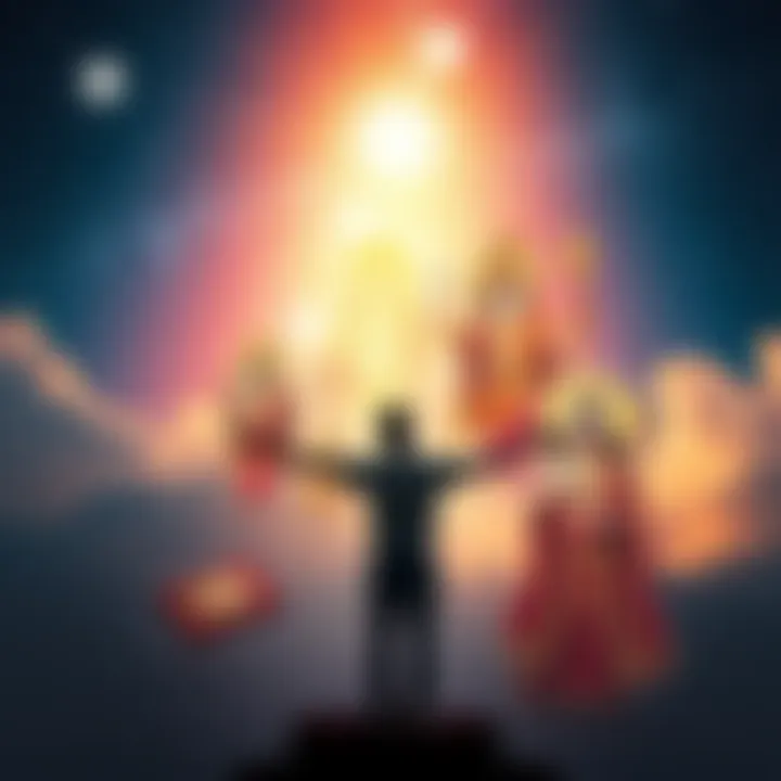 A person standing with outstretched arms under a starry sky, surrounded by symbolic representations of various deities offering support and guidance.