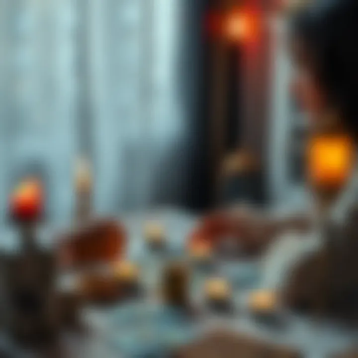 A person receiving a reading session with tarot cards and candles on a table, creating a calming atmosphere.