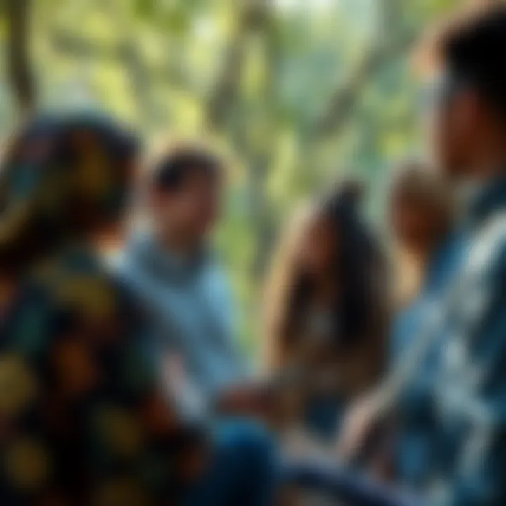 Guiding Toward Enlightenment A group of diverse people engaged in a discussion about personal growth and understanding, surrounded by nature.