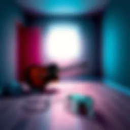 An unplugged guitar in a dimly lit room producing unexpected sounds, with a bottle fallen nearby on the floor.