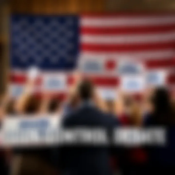 A group of people discussing gun control legislation with signs advocating for the Second Amendment, set against a backdrop of an American flag.