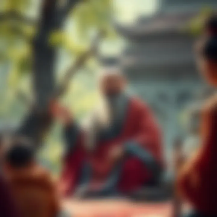 Venerable Guo Yuan sitting in a peaceful setting, sharing wisdom with followers, surrounded by nature