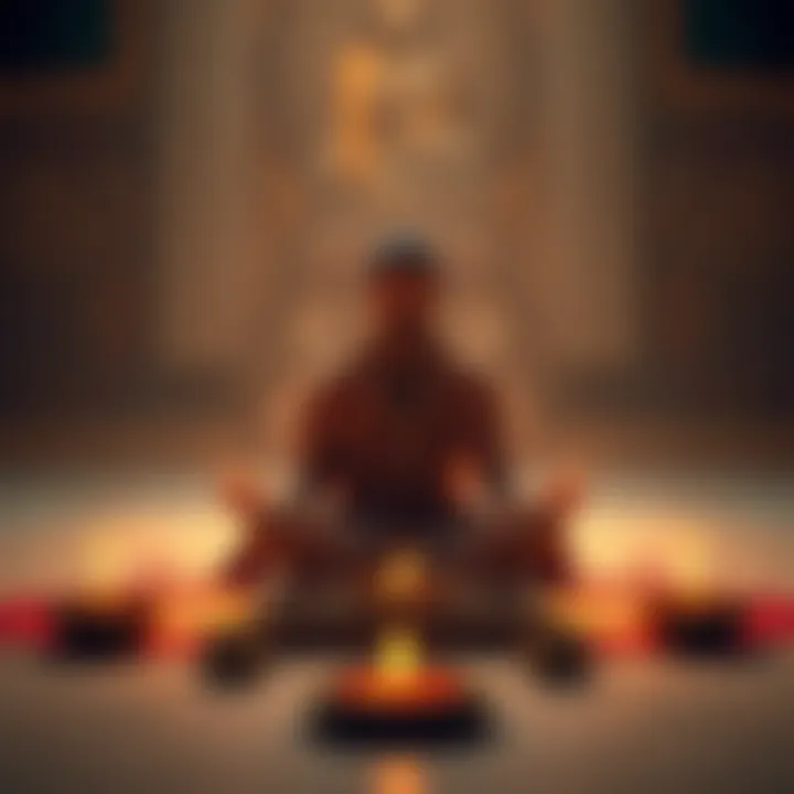 Individual sitting cross-legged in a serene environment, engaging in the Guru Pooja ritual with focused expression