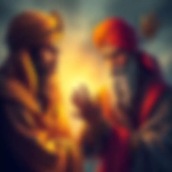 Portraits of Guru Gobind Singh and Madhusudhana Saraswati discussing teachings of the Bhagavad Gita