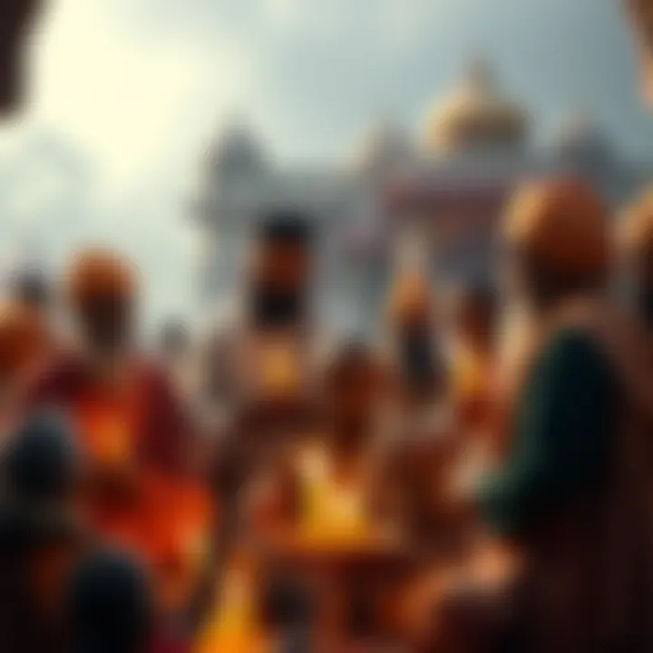 A group of gurus performing a Diksha ceremony with diverse participants, including westerners, in a serene temple setting.
