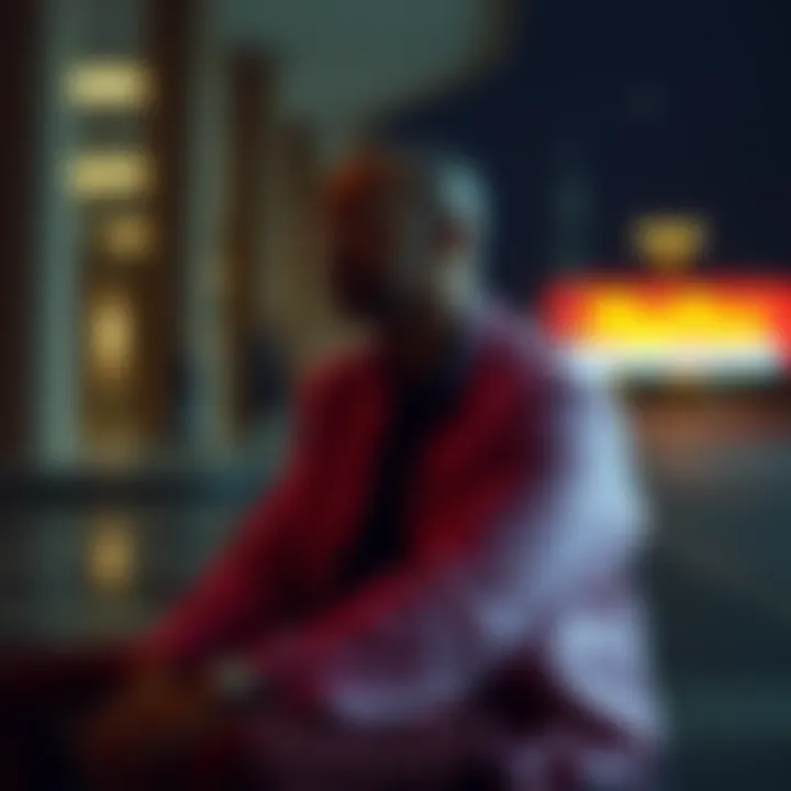 Gus Fring sitting alone, reflecting on concepts of nonduality in a quiet setting