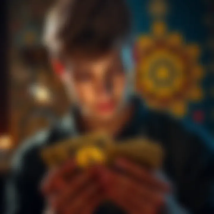 Guy holding tarot cards A young man with short hair looks intently at a tarot card deck in his hands, contemplating his journey with tarot.
