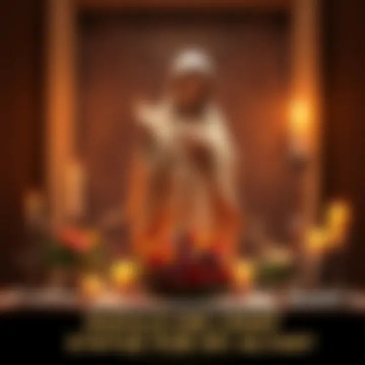 A gypsum statue of Mary Magdalene placed on a decorative altar with candles and flowers