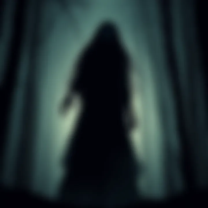 Hachishakusama, the 8-Foot Woman A tall, shadowy figure of a woman, standing in a dark forest, with a ghostly expression and long hair, calling out eerily, 'po…po…po….'