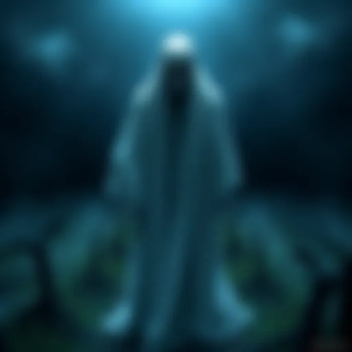 A tall, ghostly figure in white with a hollow expression, standing in a dark rural landscape, representing the legend of Hachishakusama.
