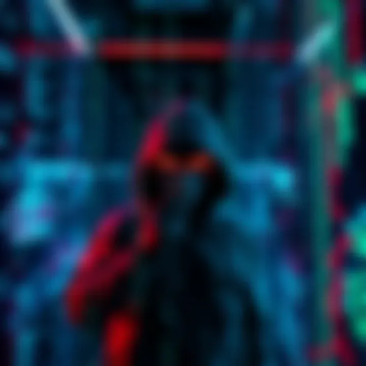 Hacking a Simulation A digital hacker in a futuristic setting with code cascading down the screen, symbolizing the act of penetrating a simulated environment.