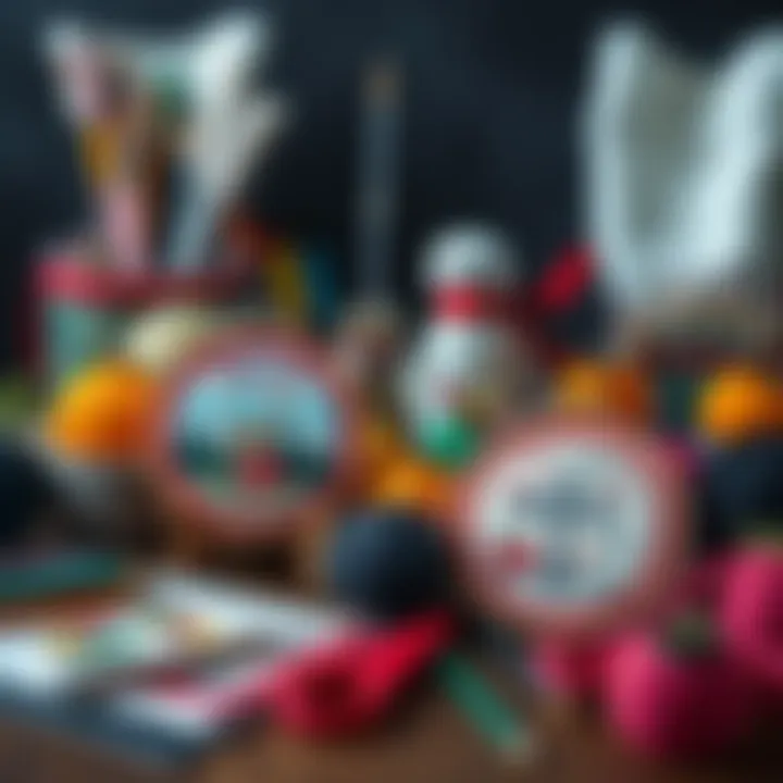 A variety of craft supplies for Hades-themed projects, including cross-stitch patterns, crochet materials, and drawing tools.