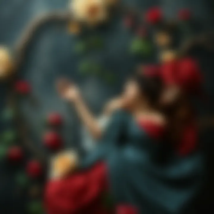 A painting depicting Hades and Persephone in an embrace surrounded by dark colors and floral elements, symbolizing their connection and the cycle of seasons.