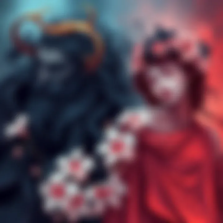 Hades and Persephone Color Symbolism An illustration showing Hades in dark tones with black flowers and Persephone in bright colors with white flowers, symbolizing their contrasting roles in life and death.