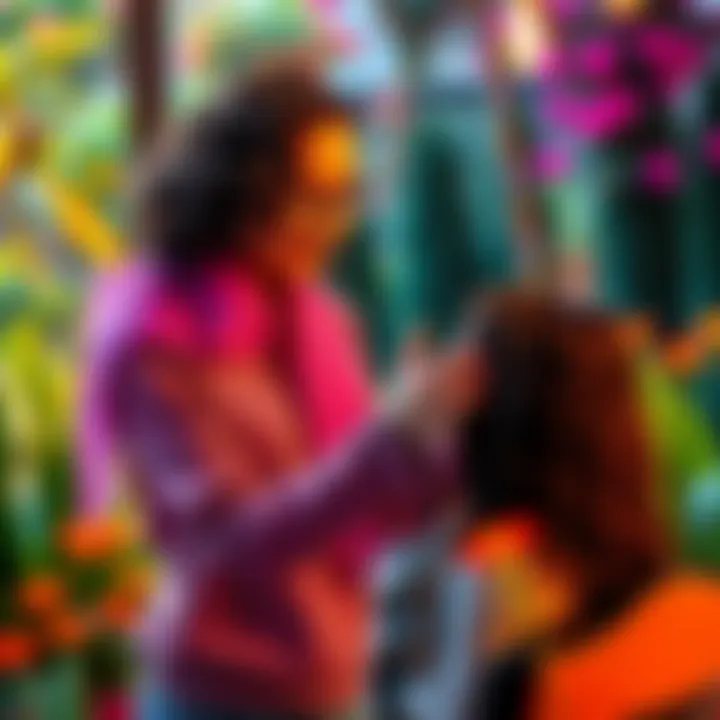 A hair stylist complimenting a client on their aura, with a garden visible in the background, showcasing vibrant plants and flowers.