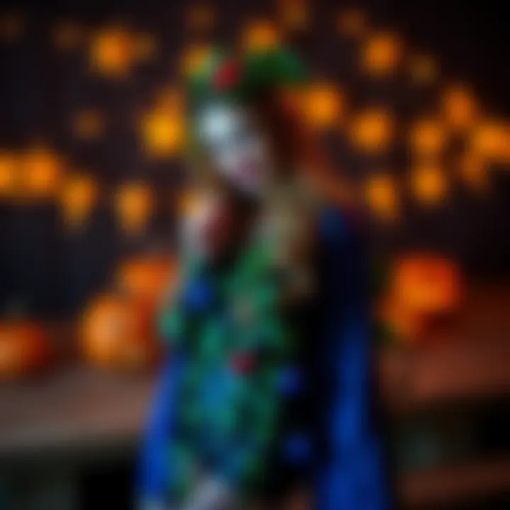 A woman dressed as Poison Ivy stands in front of a backdrop of stars and pumpkins, symbolizing the blend of astrology and Halloween