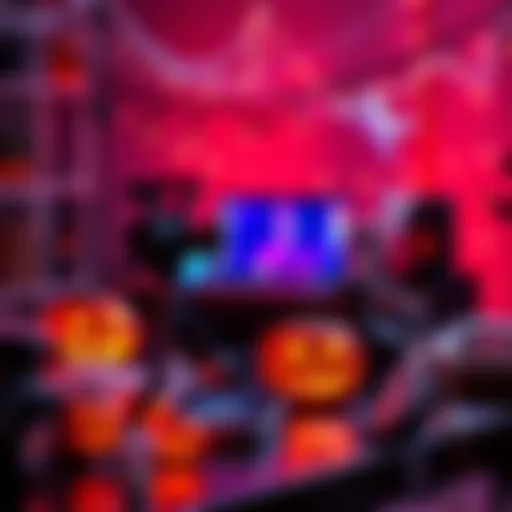 A spooky video setup with jack-o'-lanterns, cobwebs, and ghost decorations on a table, preparing for Halloween content creation.