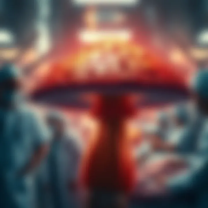 Hallucinogenic mushroom and hospital scene A hallucinogenic mushroom with doctors attending to people in a hospital setting, depicting the aftermath of the incident.