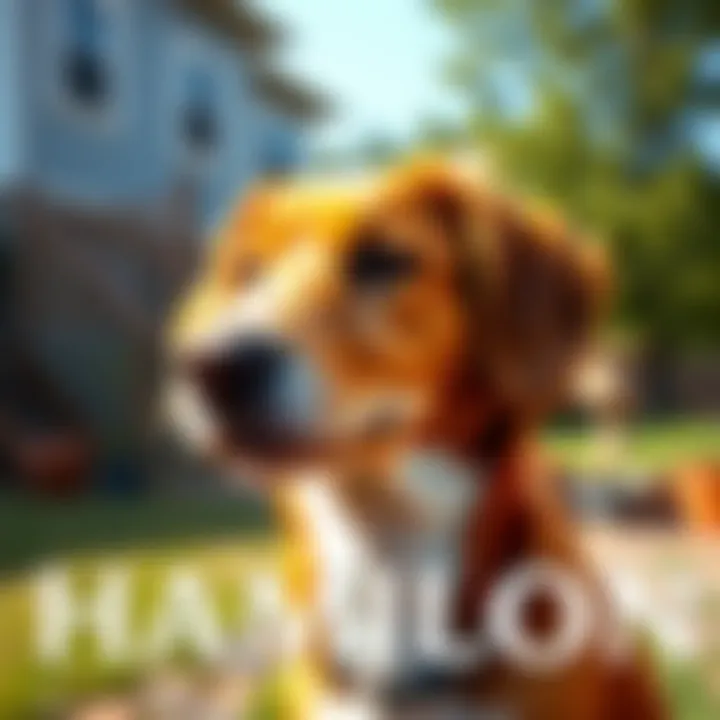 A portrait of Hamilton, a lovable dog with a gentle expression, looking content and happy in a sunny backyard.