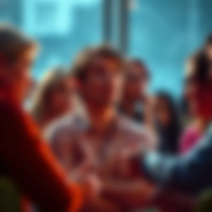 People engaged in a heated discussion about the Hampstead scandal, with expressions of shock and concern on their faces.
