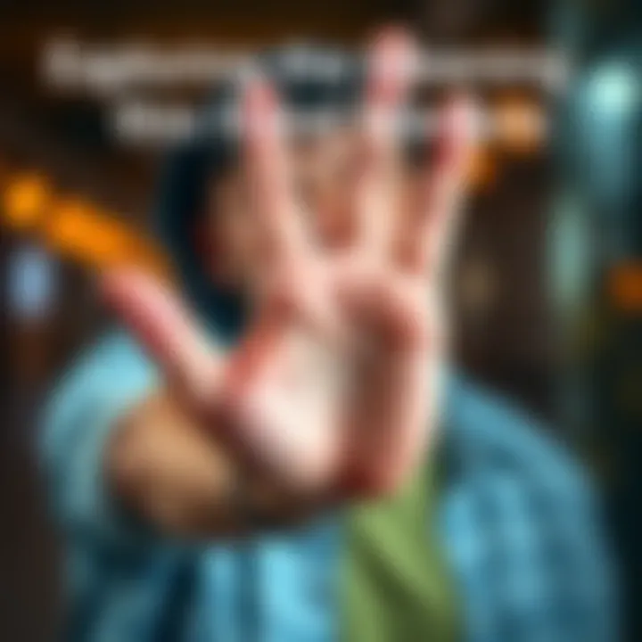 A person illustrating a specific hand gesture with their palm facing forward, emphasizing its meaning.