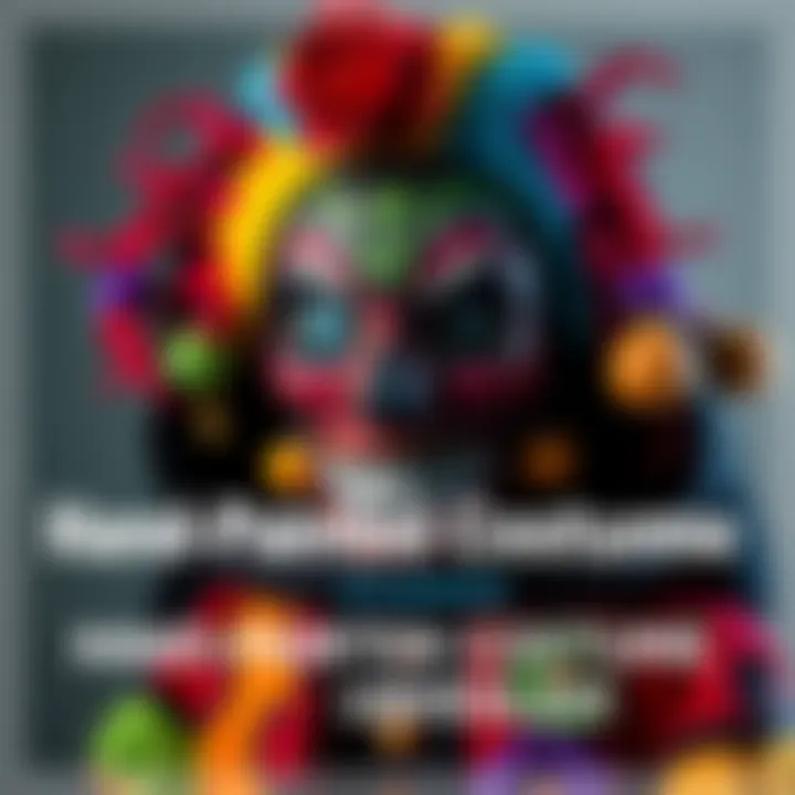 A colorful hand-painted and bedazzled Halloween costume displayed, showcasing creative designs and intricate details.