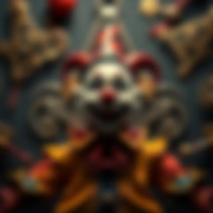 A carefully crafted hand-painted clown figurine surrounded by Masonic symbols, symbolizing hidden connections and family ties.