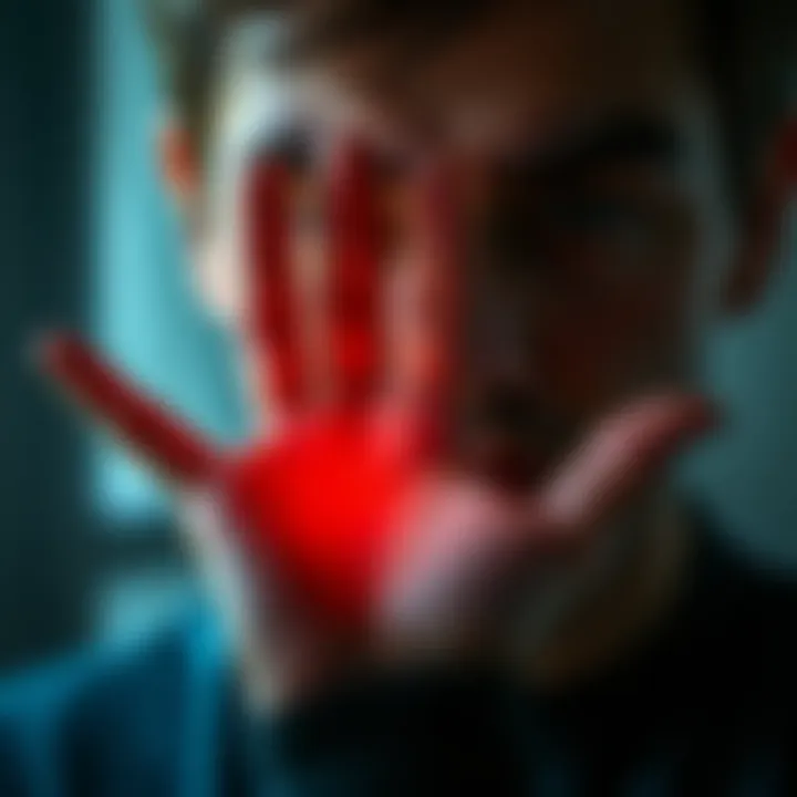 A person closely examining the lines and features of their right hand with a focused expression.
