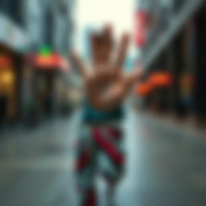 A person showing a specific hand sign while wearing unique pants, highlighting the combination of gesture and fashion.