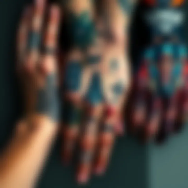 A close-up of diverse hand tattoos showcasing various designs and meanings