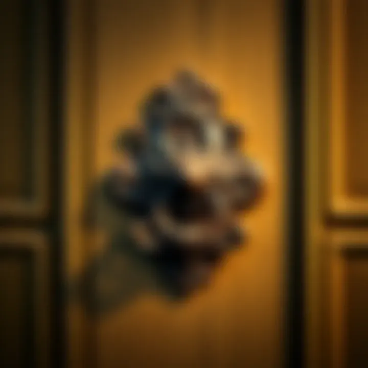 A beautifully carved wooden knocker attached to an antique door, showcasing intricate details and craftsmanship.