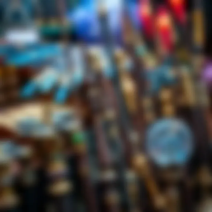 A display of unique handcrafted wands showcasing various designs and craftsmanship