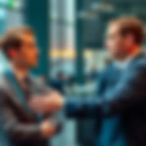 A person in a suit is showing guidance to another person, who looks unsure, in a business setting