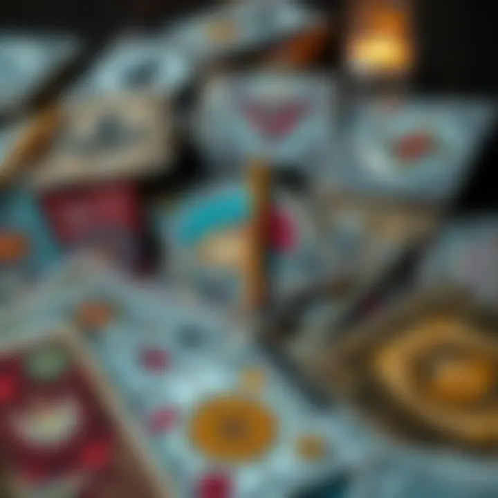 Handmade tarot cards and doodles A collection of colorful handmade tarot cards with doodles and symbols on a table