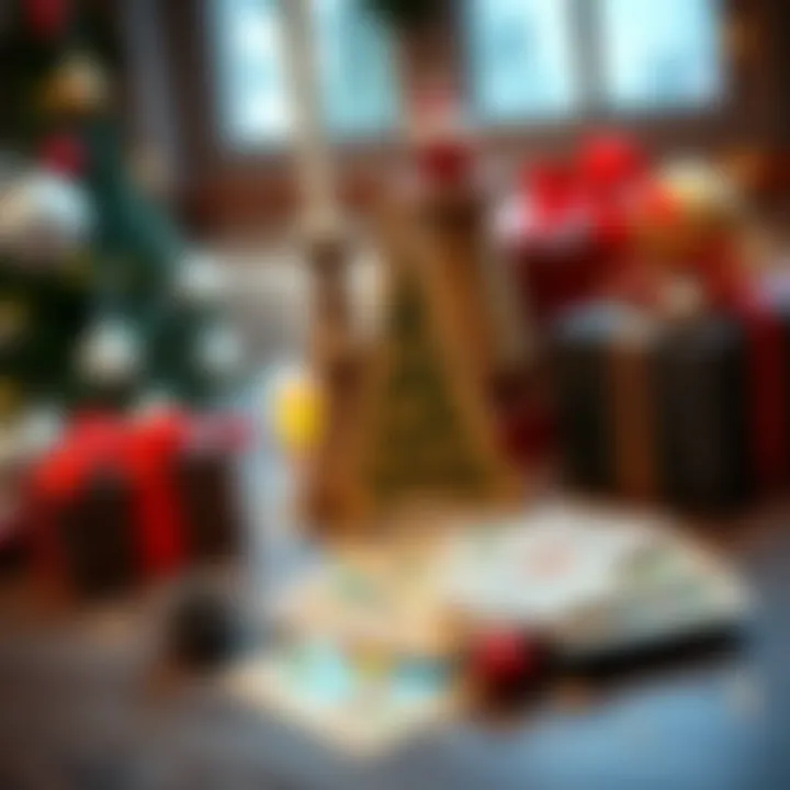 Handmade Tarot Deck for Christmas A beautifully hand-painted tarot deck displayed on a wooden table, surrounded by festive decorations and a Christmas gift box.