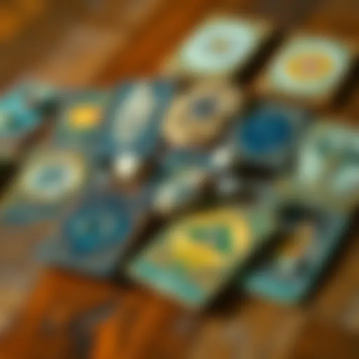 A collection of 78 handmade tarot cards crafted from foraged rocks and organic materials, showcasing unique artwork, displayed on a wooden table.