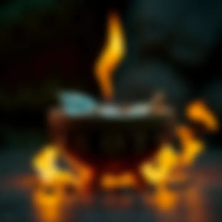 A close-up of a handmade money bowl featuring a tall, active flame, giving a warm glow in the background