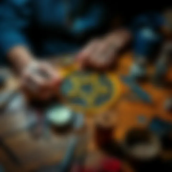 A person carefully crafting a handmade pentacle using various materials and tools on a wooden table.