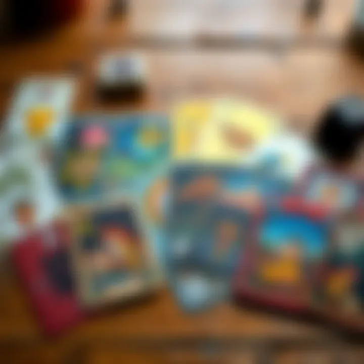 A collection of colorful handmade tarot cards displayed on a wooden table, showcasing unique designs and artistic flair.