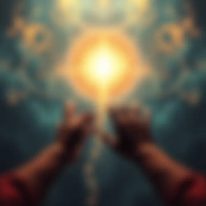 A pair of hands reaching out to a bright, glowing light symbolizing divine connection