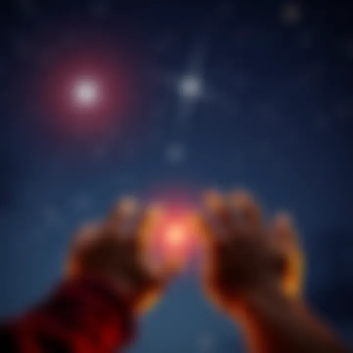 Two hands reaching towards twinkling stars in a dark sky, symbolizing the search for meaning and connection through synchronicities.