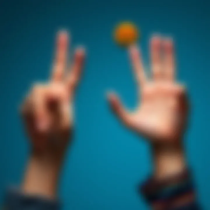 A close-up of two hands, one raised in a right-hand gesture and the other in a left-hand gesture, with a playful emoji in the background.