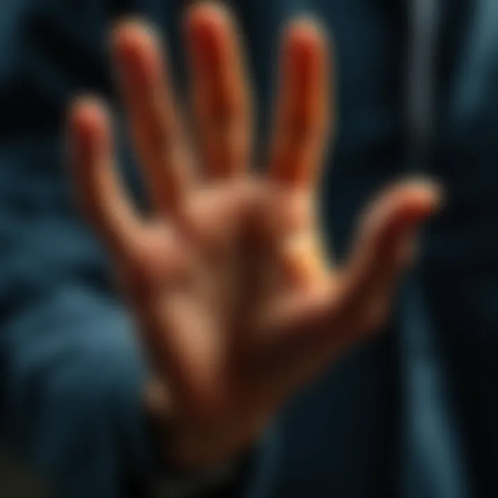 A close-up of a person's hands positioned for hand reading, showcasing unique lines and features.