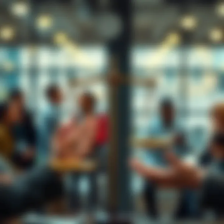 A pair of hands holding balanced scales symbolizing justice and freedom, with the background showing diverse people discussing and sharing ideas.