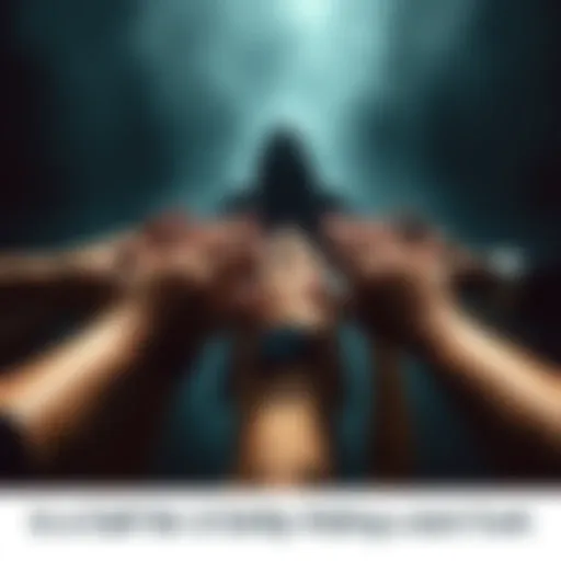 A group of diverse people holding hands in a circle, symbolizing unity and peace, but with a shadowy figure looming in the background, hinting at hidden motives.