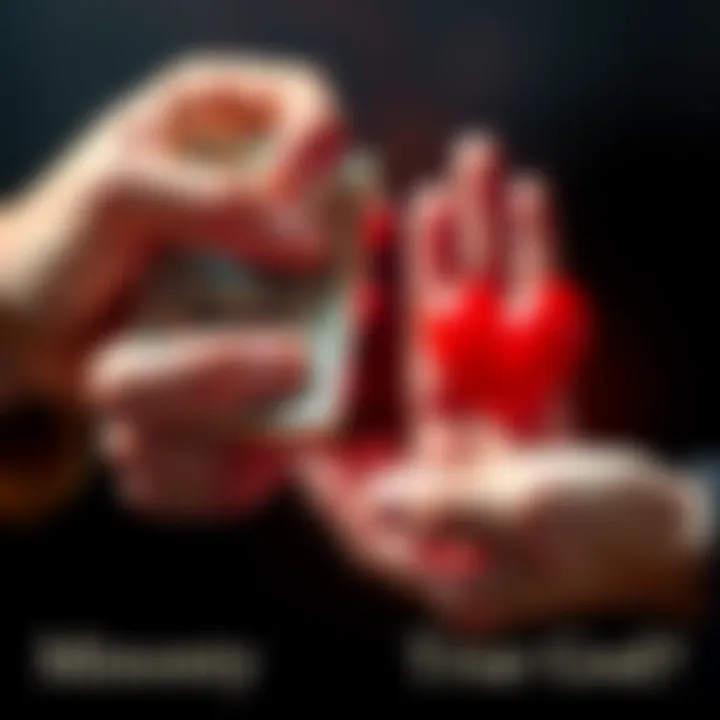 Hands holding money and a heart A pair of hands grasping a stack of cash while another hand holds a heart symbol, highlighting the contrast between money and love in spirituality.