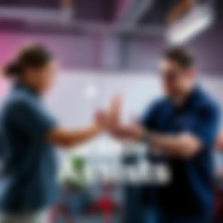 Two people demonstrating hands-on assist techniques in a practice setting