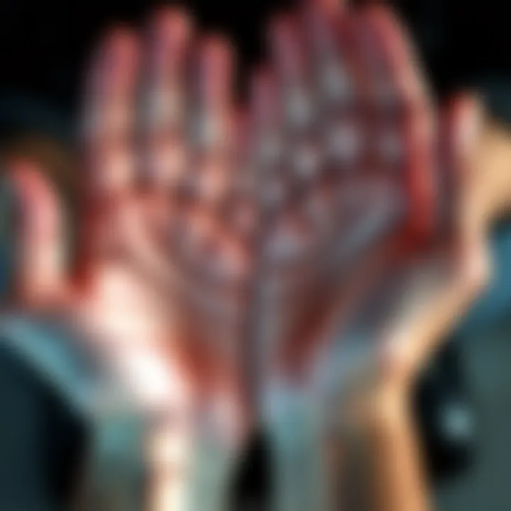 Hands with palm lines A close-up of two hands showing detailed palm lines, symbolizing insights into love and relationships.