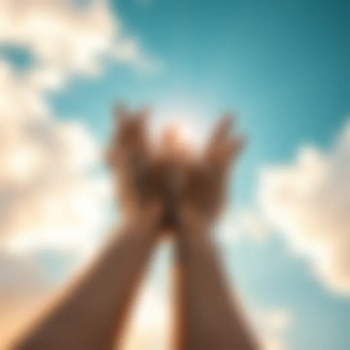 Two hands reaching towards a bright sky, symbolizing hope and spiritual connection while letting go of personal ties.