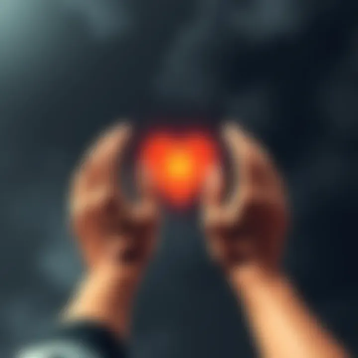 Two hands are reaching towards a glowing heart symbol, representing the connection between love and suffering.
